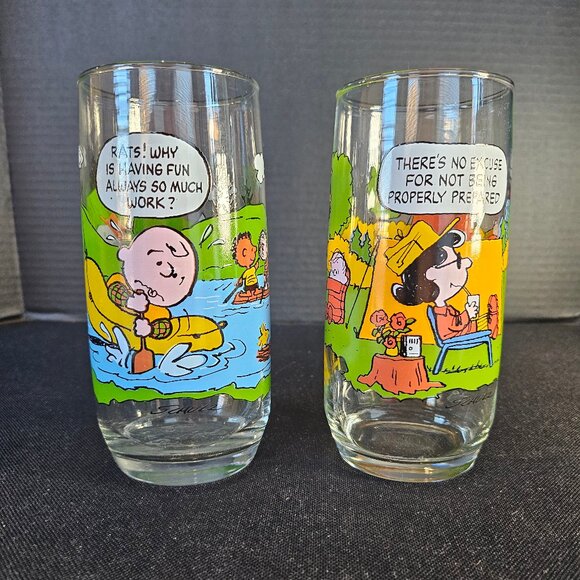 Set Of Two Vintage 1983 McDonald's Camp Snoopy Themed Tall Drinking Glasses - Picture 1 of 8